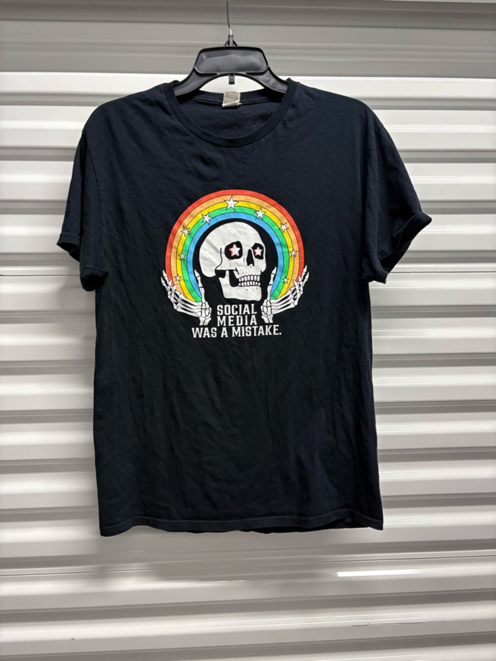 Men's Black Crew Neck Graphic Print Skull Rainbow Short Sleeve Cotton T-Shirt M
